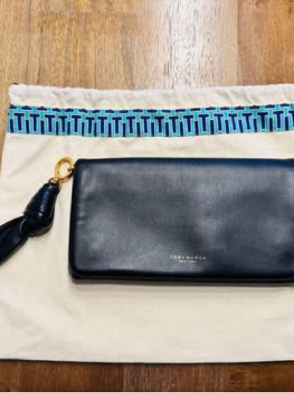 Tory Burch Black Leather Wristlet with Tassel and Gold-Tone Hardware